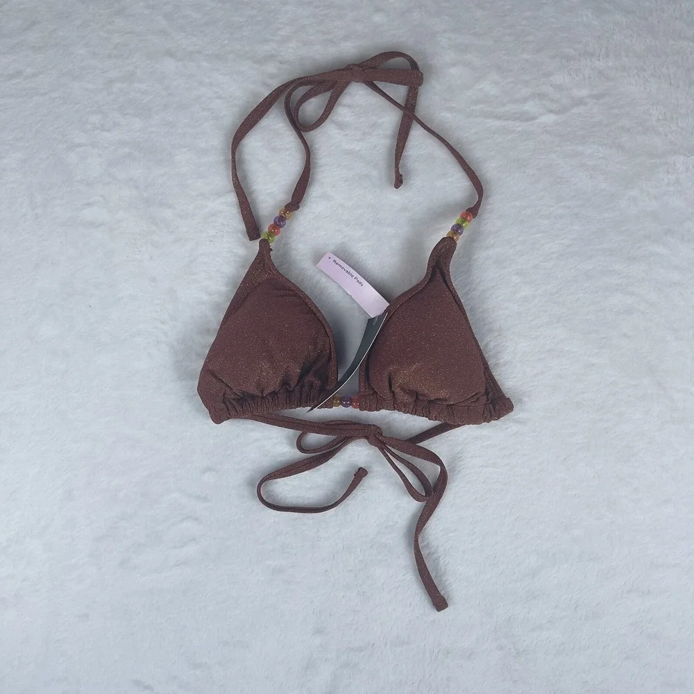 Wild Fable Triangle Bikini Top Womens XS Brown Lurex Metallic Pique Beaded Strap